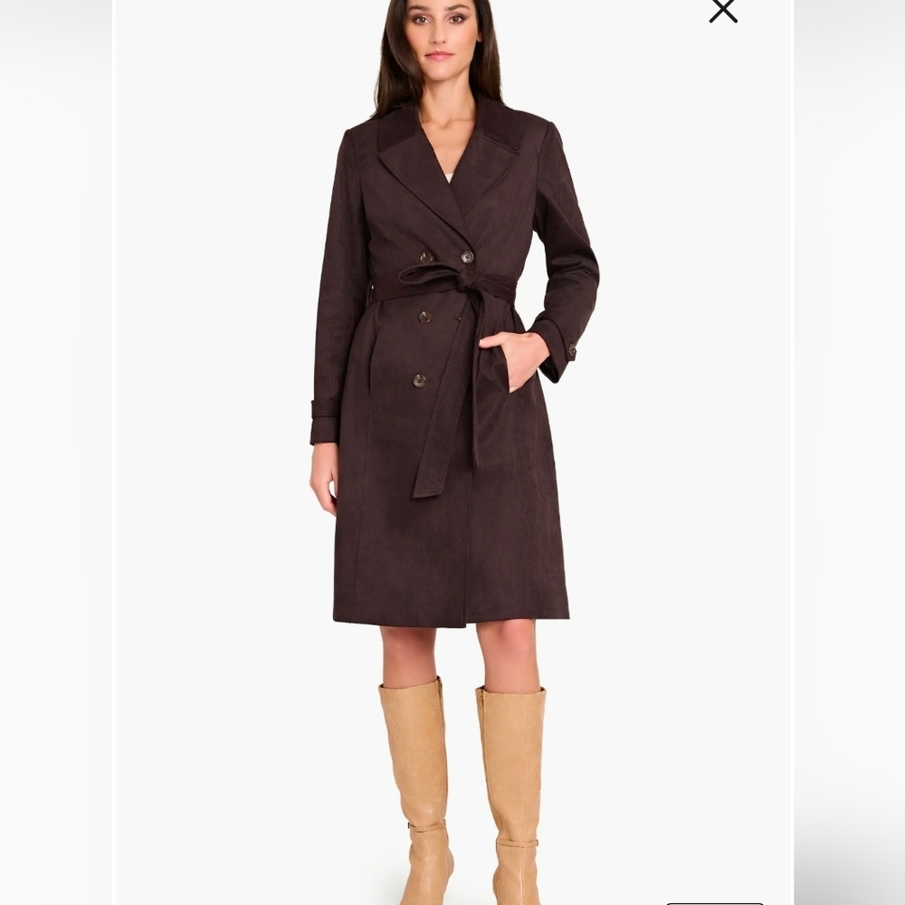 Tahari ASL Faux Suede Trench Coat Womens 10P Espresso Belted Jacket Petite